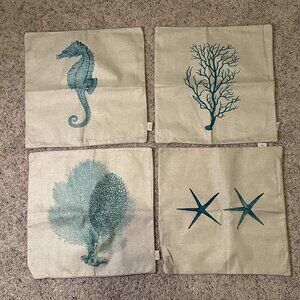 NEW Set of four burlap / teal beach theme pillow cover - 17"